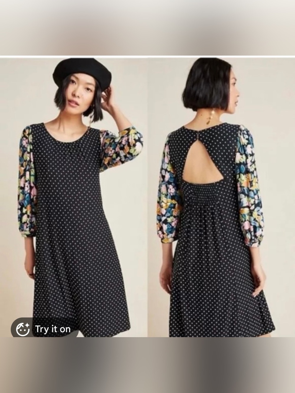 Anthropologie Black Polka Dot Dress with Floral Puff Sleeves